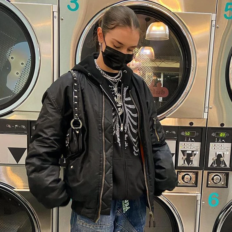 Rhinestone Skeleton Zip Up Oversized Sweatshirts Y2K Tops 2023 Autumn Retro Goth Hoodies Women Grunge Hooded Jacket Streetwear
