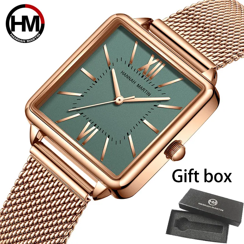 

Japan Quartz Movement Green Dial Roman Square Watches Case Stanless Steel Fashion Wristwatch Ladies Rose Gold Watches For Women