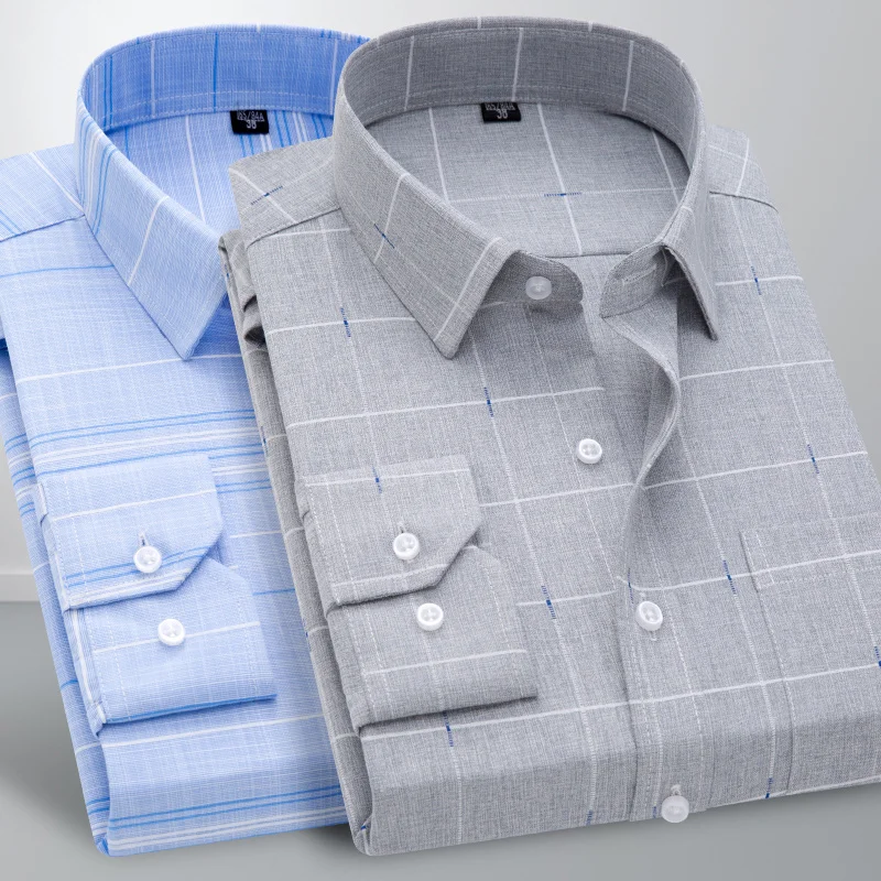 The New  nmen\'s Bamboo Fiber Shirt Solid Color Elastic Non-iron Long-sleeved Shirt Fashionable Formal Social Casual Slim Shirt