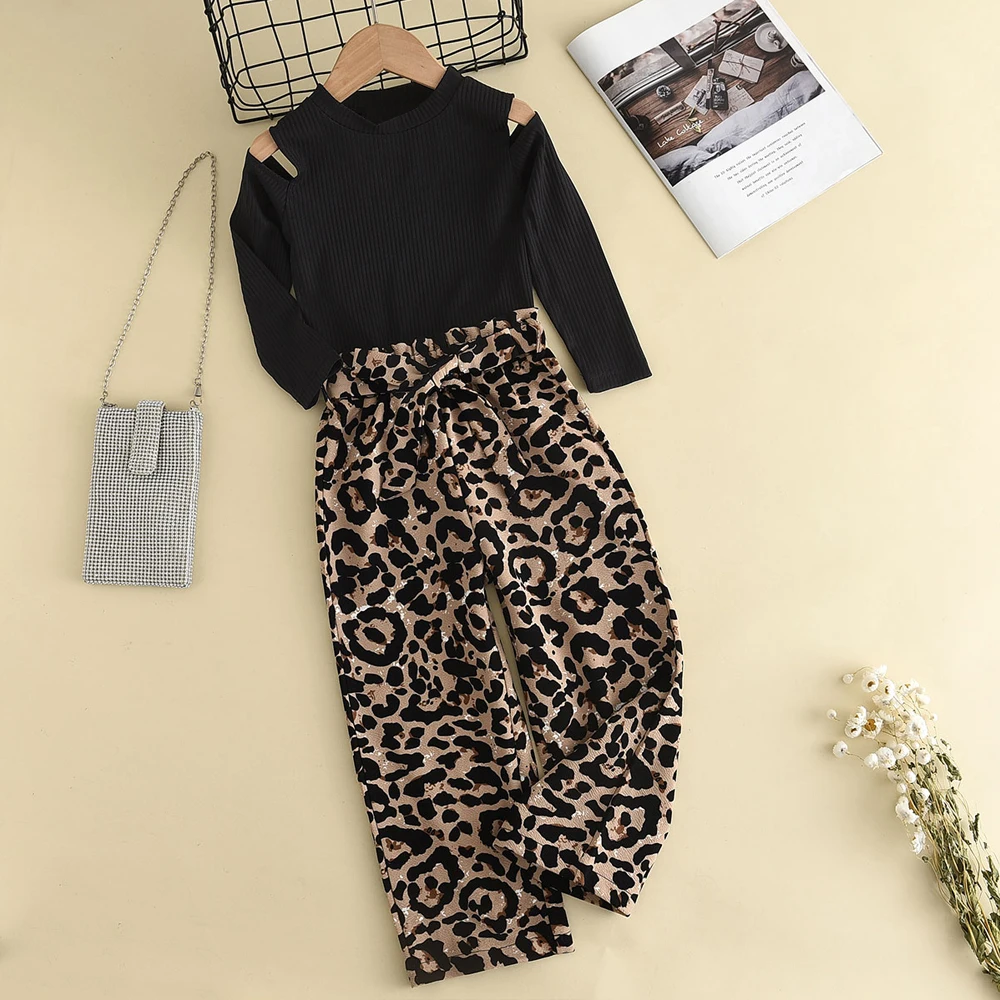 

Menoea Children's Set Girls' 2023 Autumn New Long Sleeve Off Shoulder Solid Top+Leopard Print Pants Two Piece Set Kids’ Set
