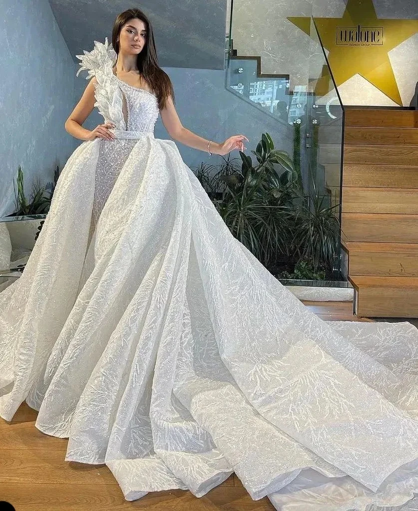 

Graceful Mermaid Wedding Dresses Detachable Train Sequined One Shoulder Illusion Bridal Gowns Custom Made Vestidos De Novia