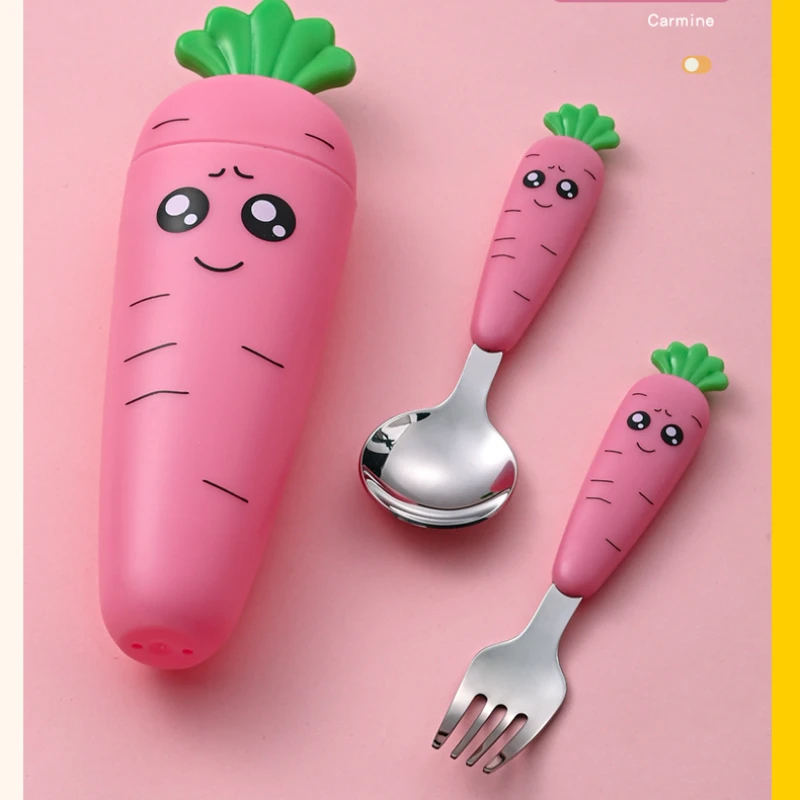 Cutlery Set Kids Fork and Spoon Set Carrot Shape Baby Feeding Utensils Stainless Steel Cartoon Fork Spoon Child Cutlery Set Kid Tableware