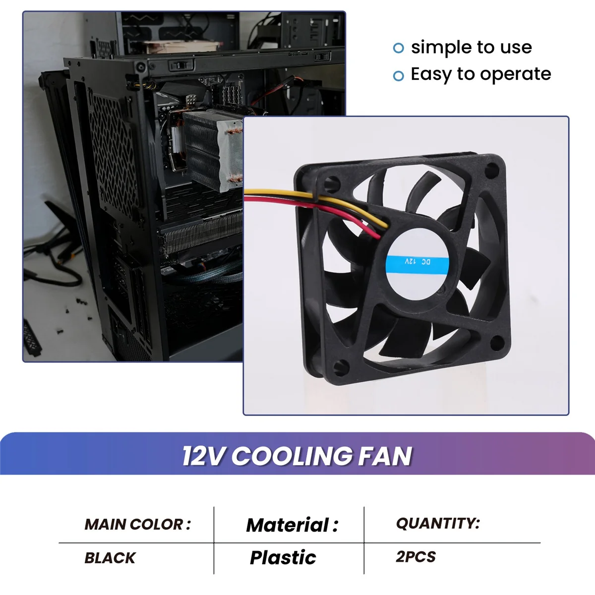 A04R-60Mm 6Cm DC 12V 3 Pin Computer Case CPU Cooler Cooling Fan Black 2 Pcs