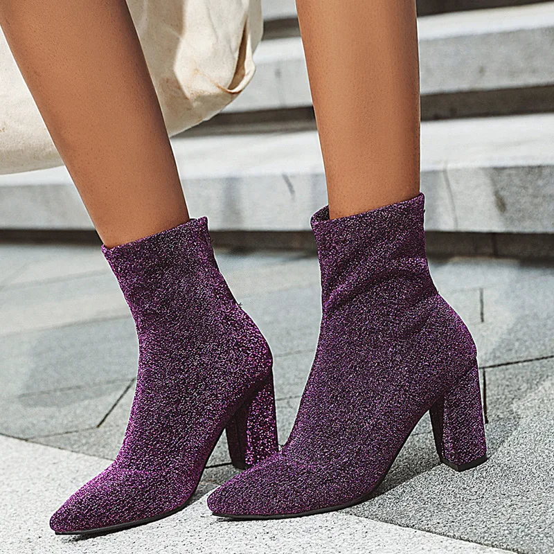 

Ankle Boots Rhinestone Low Heeled Chelsea Boot Stretch Skinny Fashion Boots Dress Shoe Purple Luxury Chunky Shiny Short Boot