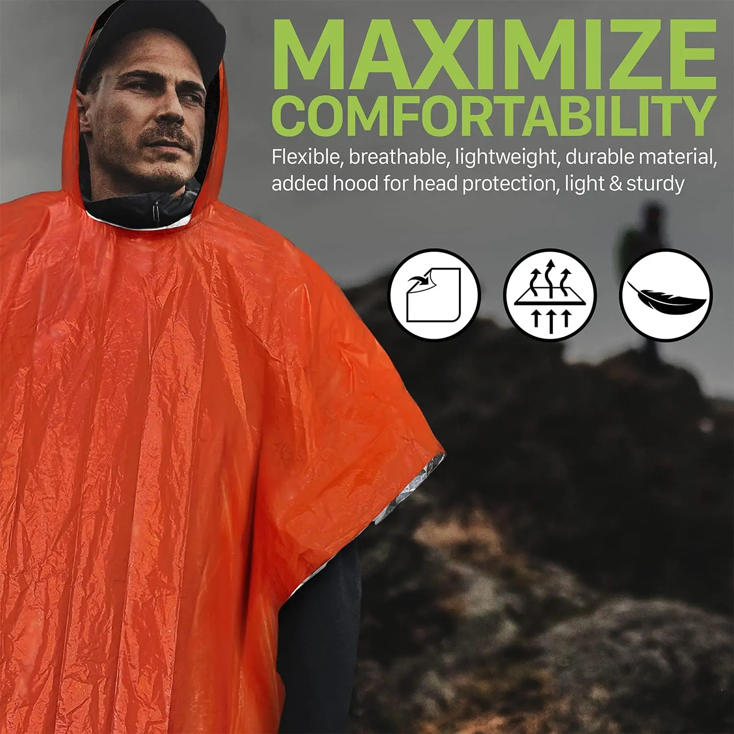 Emergency Rain Poncho With Hood Reusable Weather Resistant Raincoat For Men Women Camping Hiking Emergency Supplies Survival Kit disposable poncho,camping raincoat