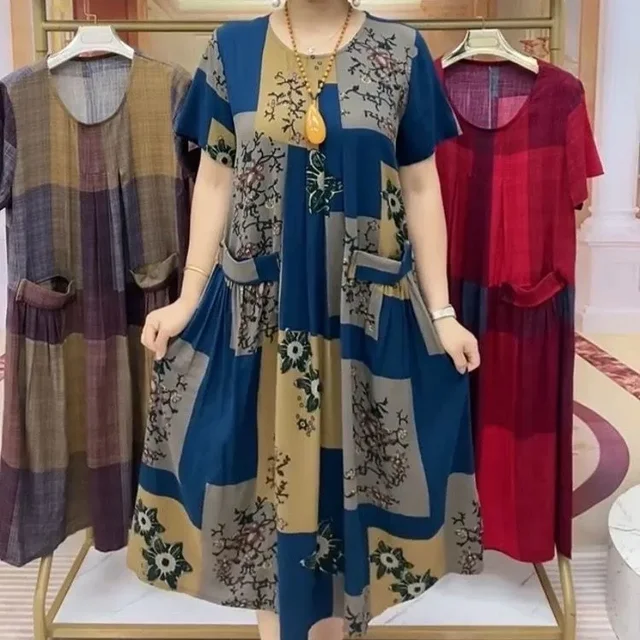 فستان صيفي كاجوال بتصميم جديد مقاس كبير للأمهات الممتلئات في منتصف العمر وكبار السن، فساتين مريحة مناسبة