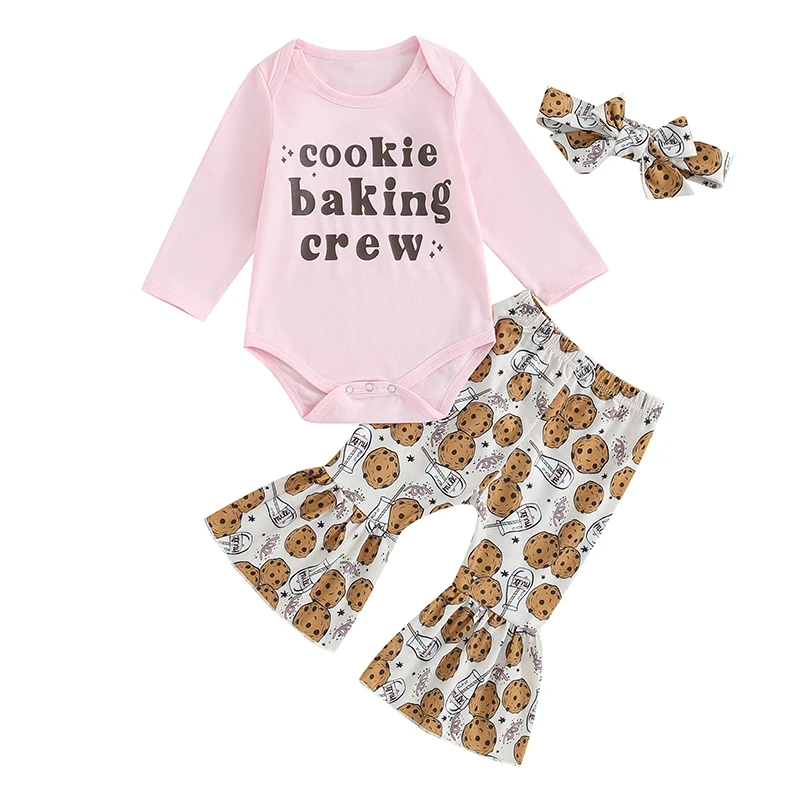 

Infant Baby Girl Christmas Outfits Letter Print Long Sleeve Romper Cookies Flare Pants Bow Headband Toddler Clothes