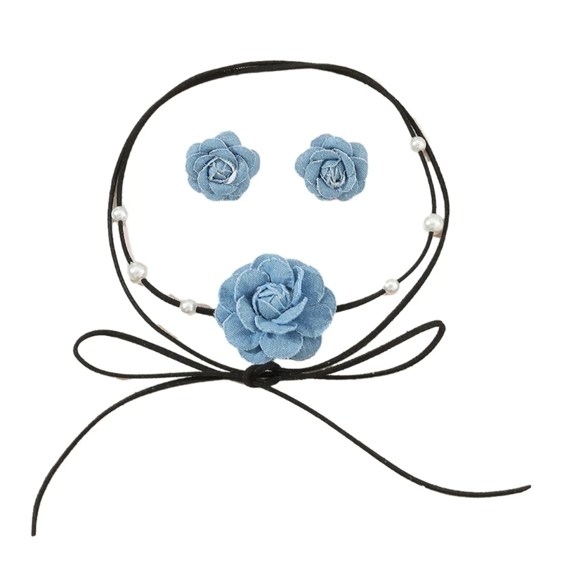 Gothic Big Rose Flower Clavicle Chain Necklace Earrings Lace Up Choker Necklace 3