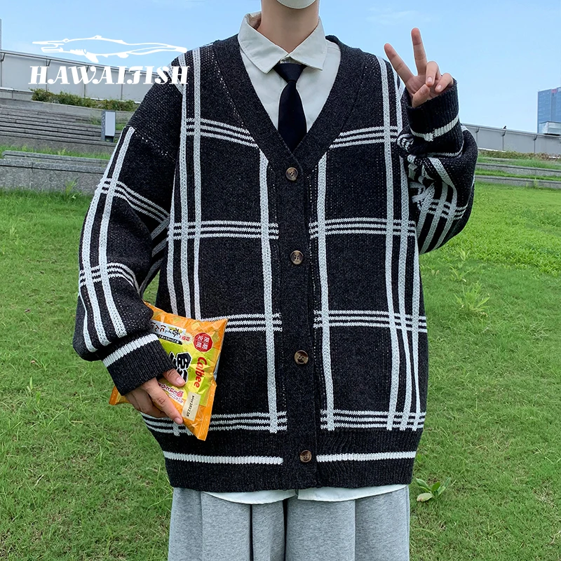 

HAWAIFISH Vintage Cardigan Oversized Sweater Men Pullover Hip Hop Streetwear Loose Knits Stripe Harajuku Men's Knitted Sweater