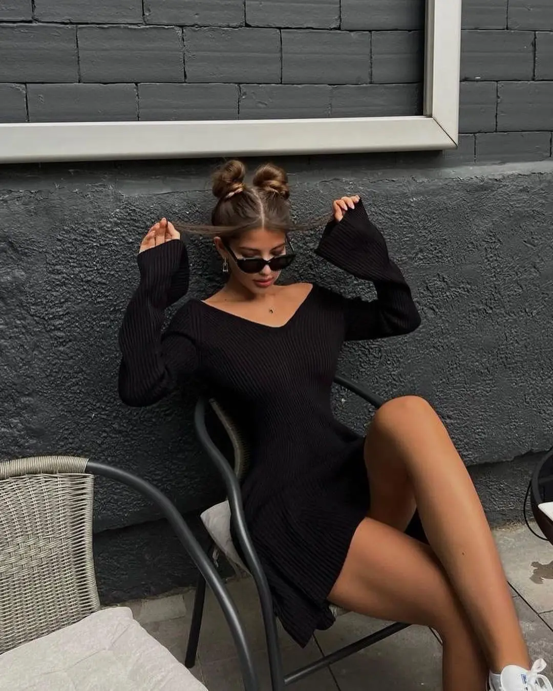 Knit Off-Shoulder V-Neck Mini Dress For Women Ribbed Loose Casual High Waist Long Sleeve Knitwear Dress Women's Mini Dress