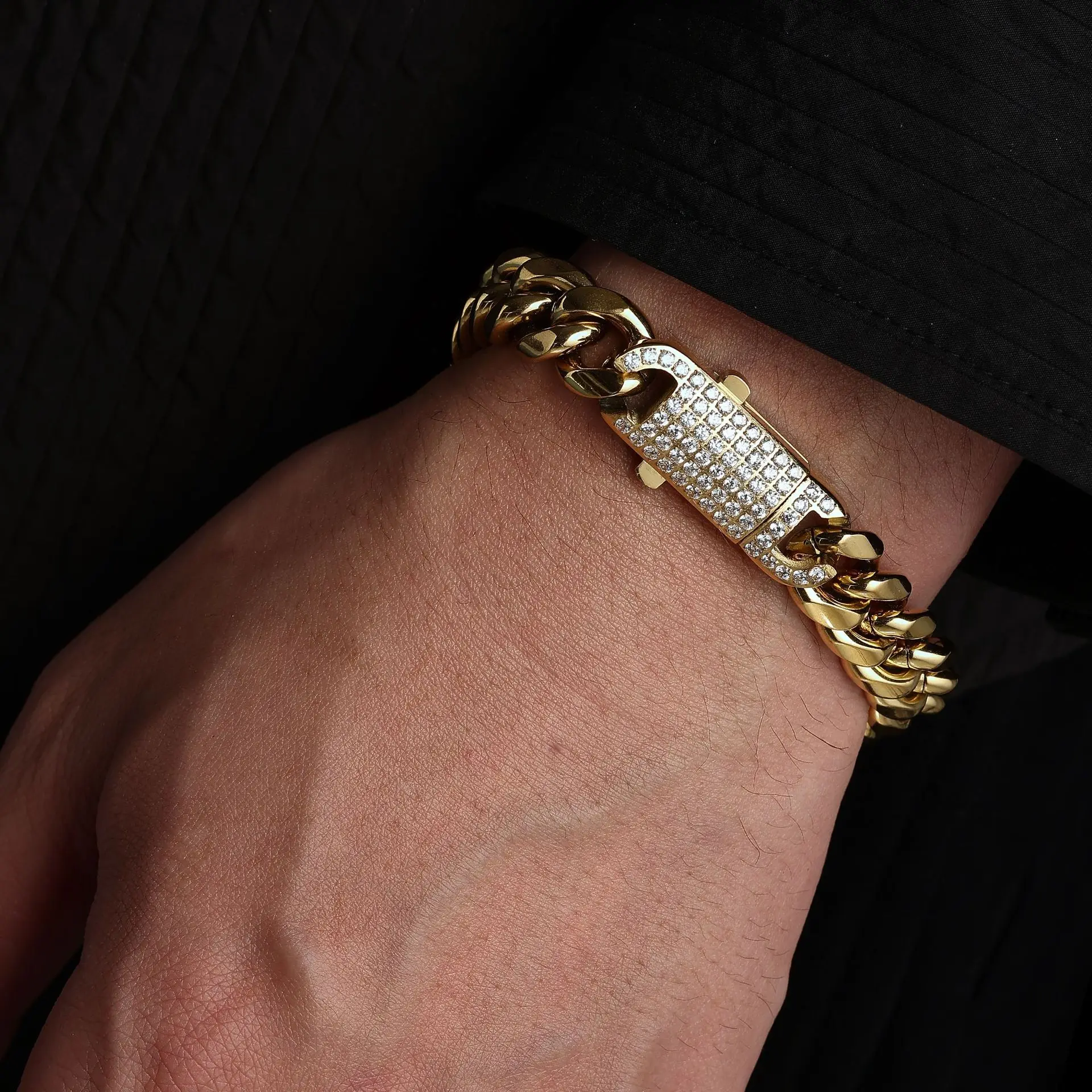 

12mm CZ Zircon Stone Pave Stainless Steel Gold Cuban Miami Link Chain Bracelets for Male Boys Hip Hop Rock AA Jewelry