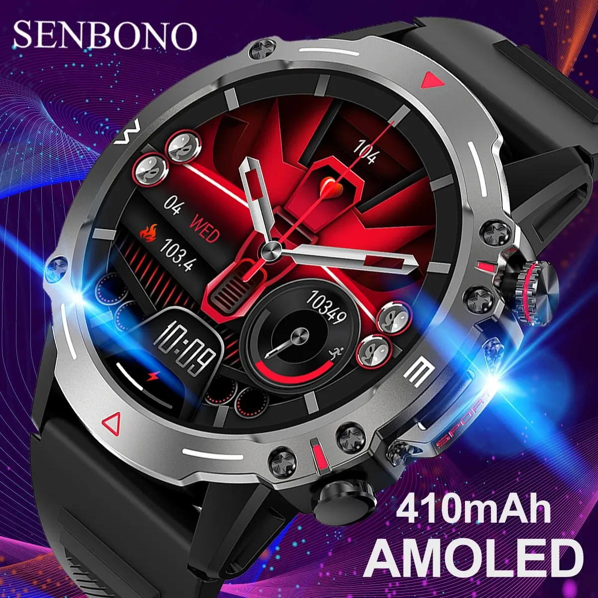 Senbono Amoled Military Rugged Smartwatch Men Hd Screen Heart Rate Bluetooth Call Nfc Ai Voice Fitness Smart Watches For Men