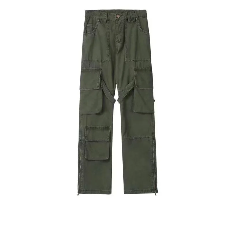 High Street Harajuku Strap Zipper Work Suit Casual Pants for Men's Retro Old Army Green Straight Barrel Micro Ra Long Pants