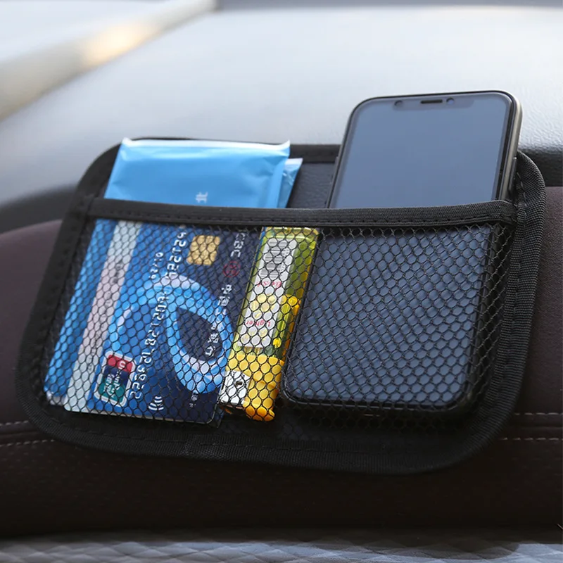 

2pcs Black Sticky Car Storage Bag Net Pouch Phone Holder Glasses Key Cigarette Pocket Organizer Home Car Accessories