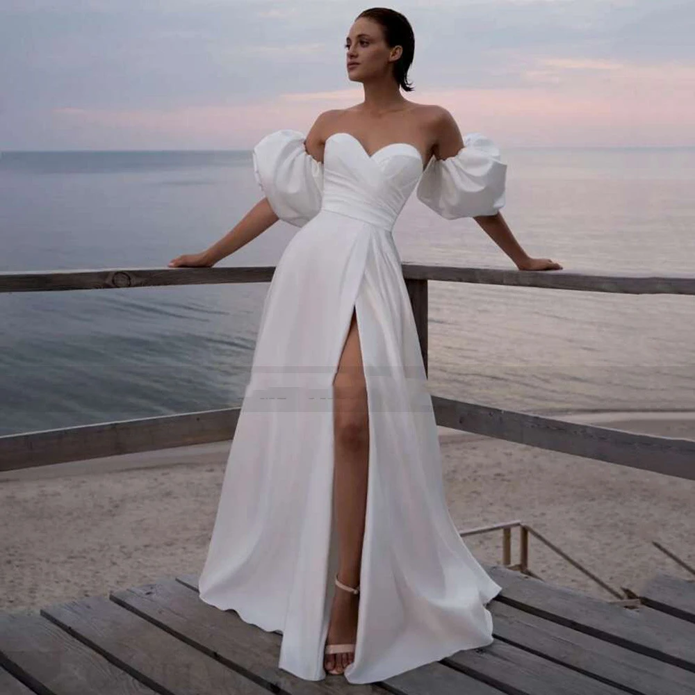 

Белое Атласное пикантное пляжное свадебное платье, модель 2022 года, платье невесты с коротким рукавом-фонариком, разрезами по бокам, летнее платье на заказ