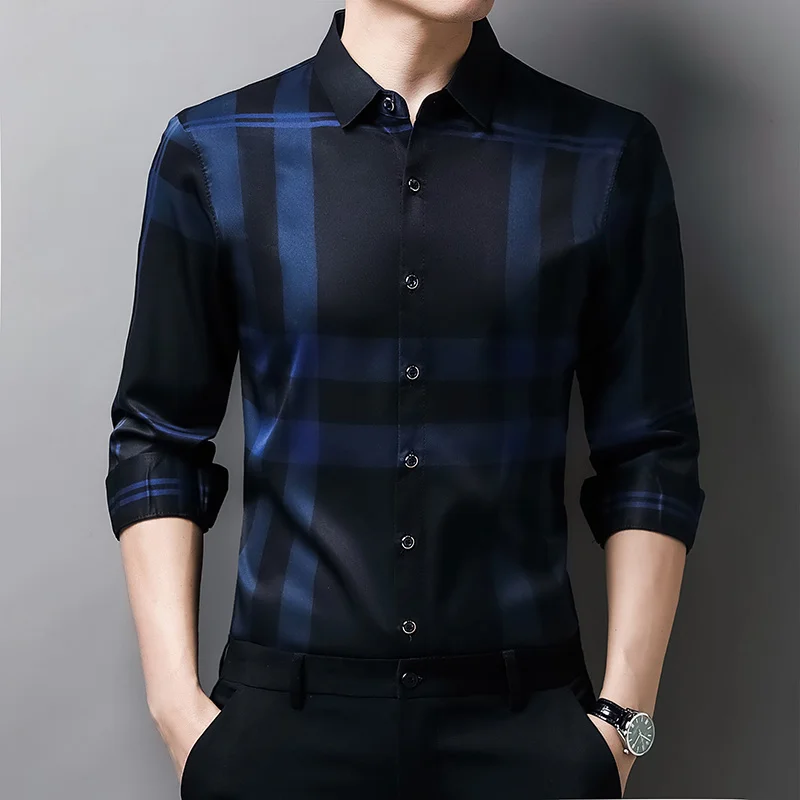 sales Men's Solid Color Slim Plaid Long-Sleeved Shirt