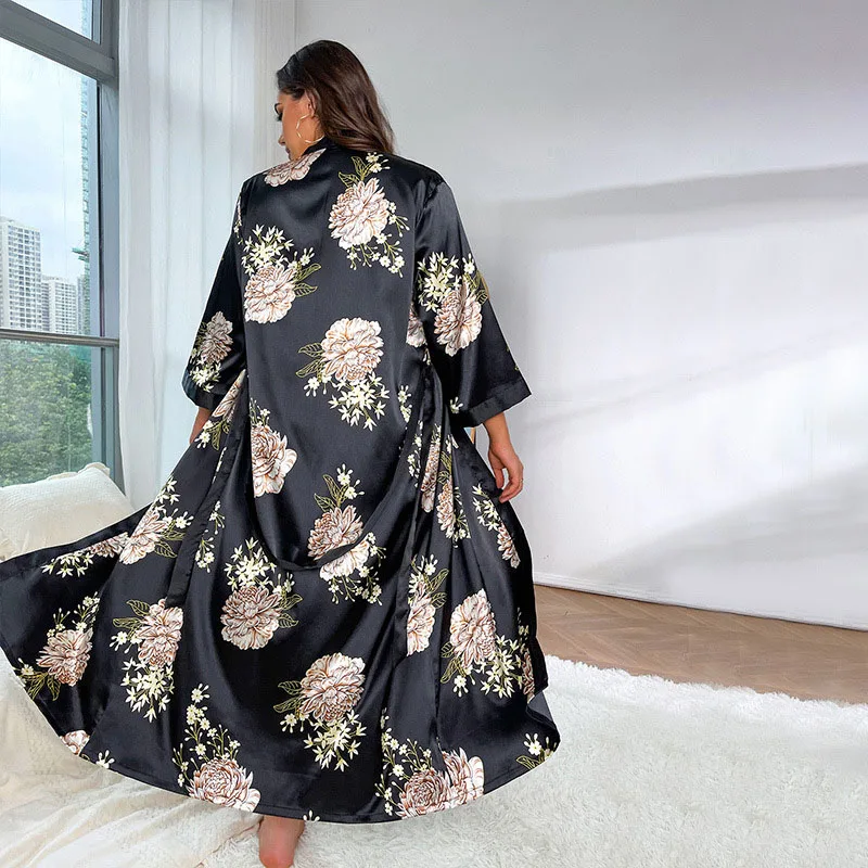 Plus Size Women's Pajamas Fashionable Casual Loose Printed Nightgown Cardigan Lace-up Imitation Silk Sexy Ladies Home Nightdress