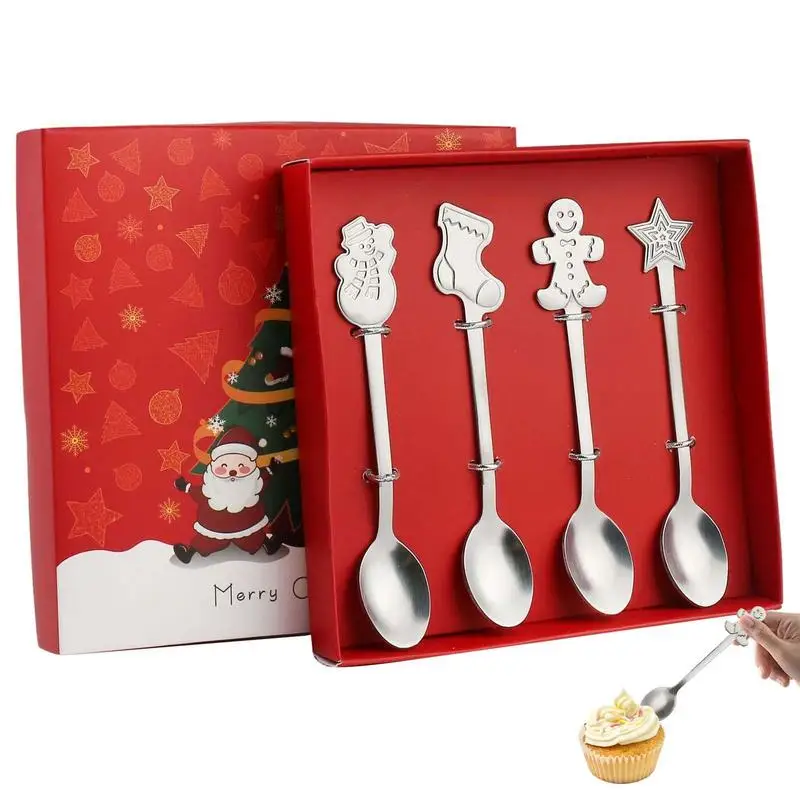 

Christmas Stainless Steel Spoon Fork Christmas Coffee Spoons Set 4pcs Creative Christmas Tree Santa Spoons For Dinner Tableware