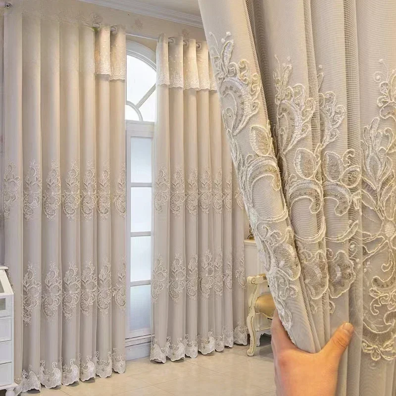 거실 침실용 자수 럭셔리 더블 레이어 커튼, 유럽 미국 고급 밀크 티 천, 거즈 커스텀 