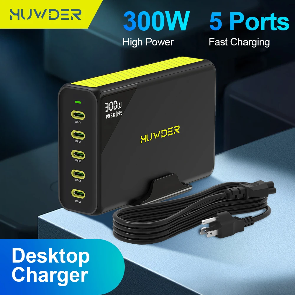 

300W Multiple Ports PD Desktop Charger Station 5 in 1 Fast Charging for iPhone Xiaomi Smartphone Laptops Charger Adapter