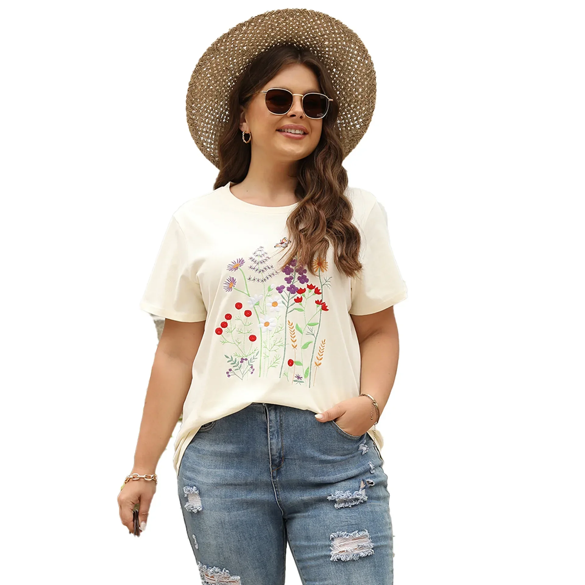 

Flower Embroidered Women's Short Sleeved Shirt Bohemian Farmer Style with Added Color Tone Shirt for Women Clothing Tops