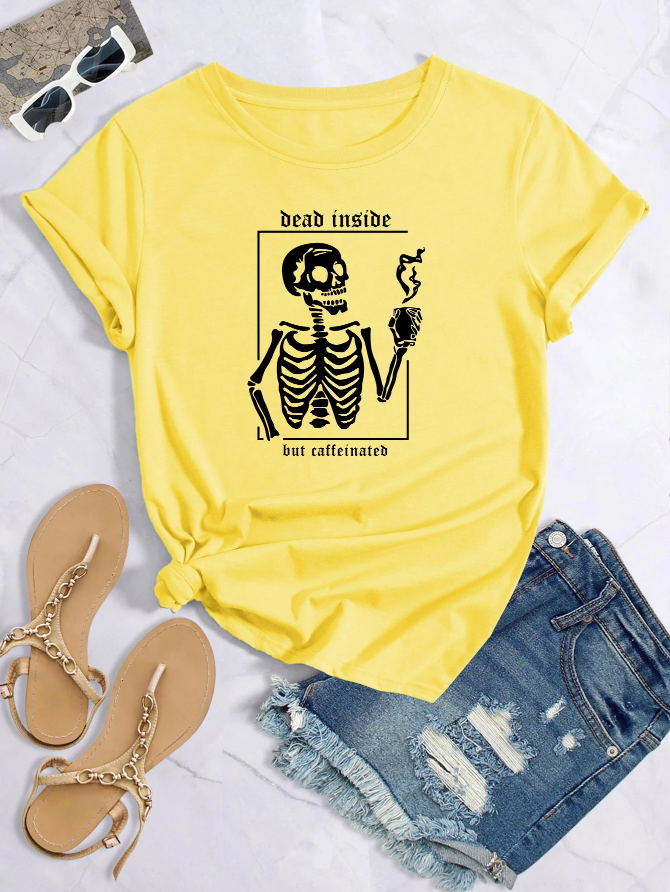 T-shirt girocollo con stampa 'Dead inside But Caffeinated', T-shirt estive casual a maniche corte larghe e alla moda, da donna_voghion.com