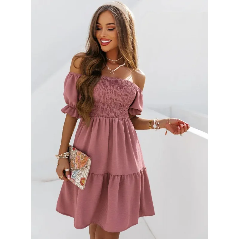 

Summer Solid Color Dress slash neck Lantern Sleeves Mid Waist Pleated Ruffled Short Skirt Loose Casual new Women's Dress