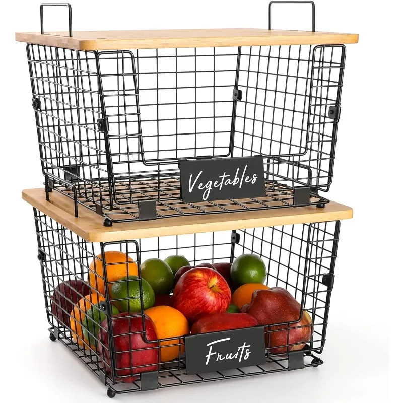 2 Set Stackable Wire Basket with Bamboo Top - Kitchen Counter, Pantry Organizer and Storage - Produce Onion Potato 2