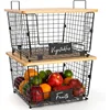 2 Set Stackable Wire Basket with Bamboo Top - Kitchen Counter, Pantry Organizer and Storage - Produce Onion Potato 2