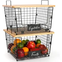 2 Set Stackable Wire Basket with Bamboo Top - Kitchen Counter, Pantry Organizer and Storage - Produce Onion Potato 2