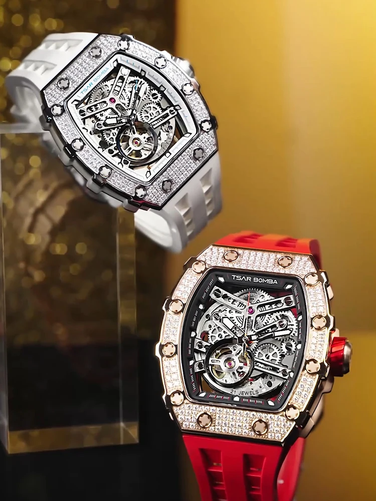 TSAR BOMBA Watches for Men Diamond Automatic Watches Luxury Mens Mechanical Watch White Wristwatch Waterproof Skeleton Clock 5