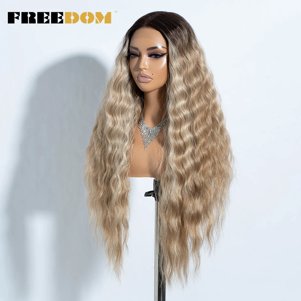 FREEDOM Curly Wavy Synthetic Lace Front Wig 30" Ombre Brown Blonde Lace Wigs For Women Highligt Daily Party Wig US Local Ship 3