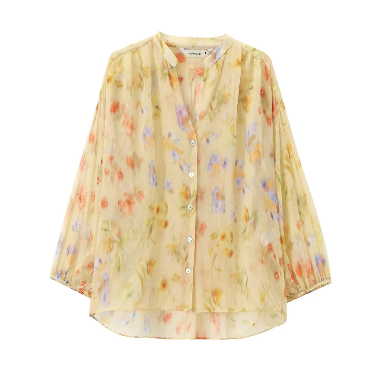 thumbnail image 1 of HH TRAF Camisa holgada estampada de un solo pecho con mangas abullonadas elegante de verano para mujer Top elegante informal con cuello en V versátil para mujer, 1 of 5