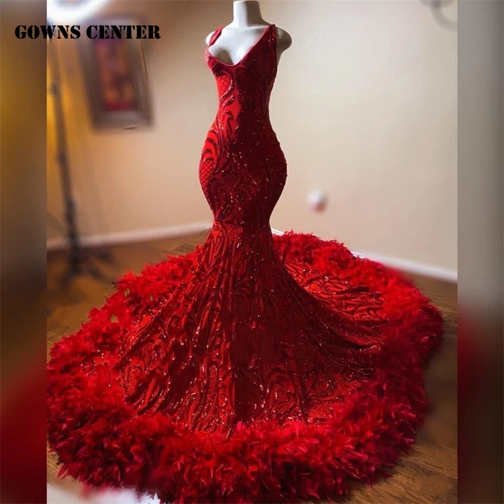 Red Sequined Lace Feathers Mermaid Prom Dresses 2023 Luxury