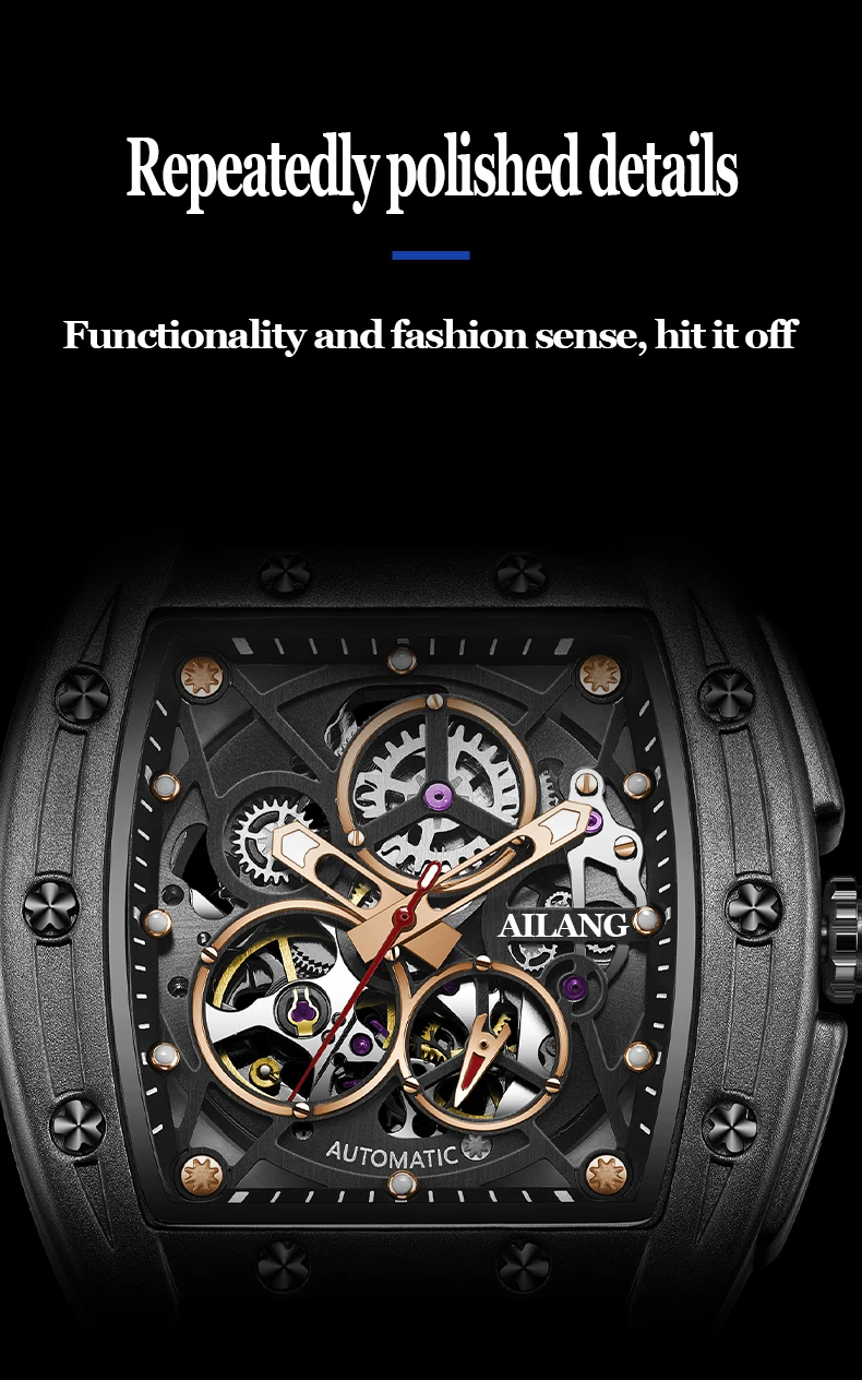 AILANG Automatic Tourbillon Watch for Men Mechanical Skeleton Tourbillon Mens Watch Waterproof Rubber Strap Top Brand Luxury