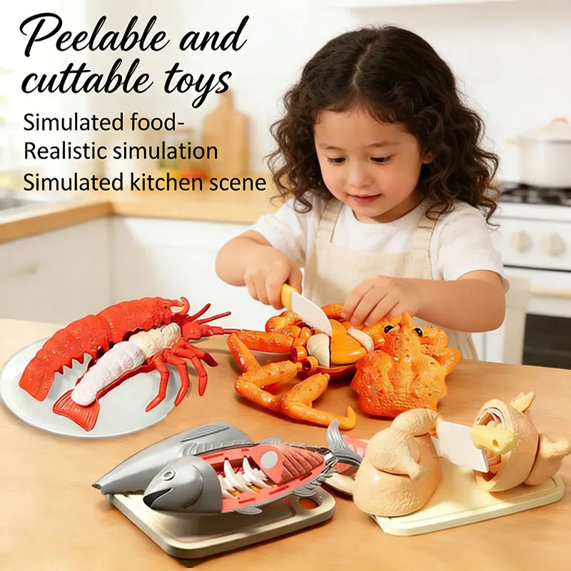 Kids Cutting Food Pretend Kitchen Toys Simulated Seafood Disassembly Crab/Tuna/Turkey Set Educational Role Play Gift Girls Toys - 2