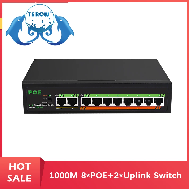 Gigabit Switch Ethernet 8 Port 10/100/1000Mbps POE 2 Port 1000Mbps Uplink 52V 120W Bulit-in Power Supply VLAN