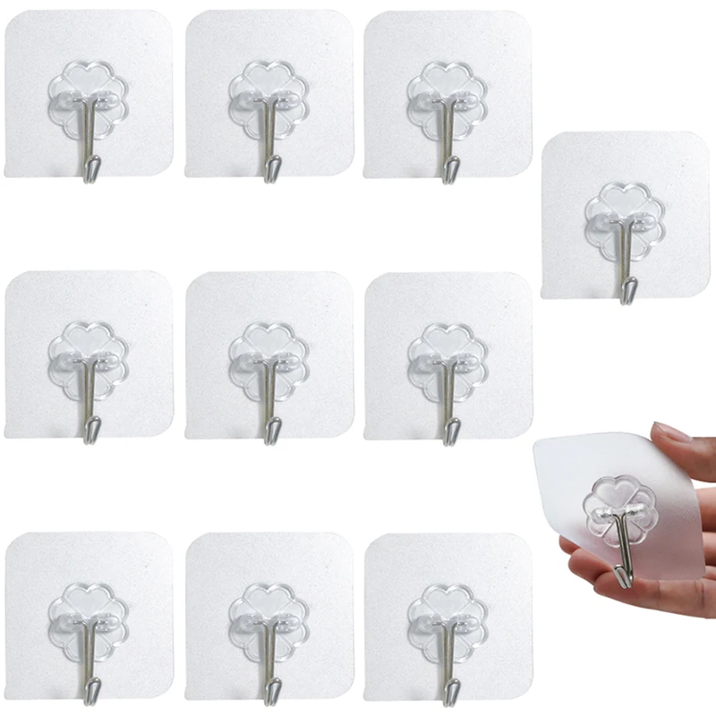 

10 Pcs Transparent Stainless Steel Strong Self Adhesive Hooks Key Storage Hanger for Kitchen Bathroom Door Wall Multi-Function