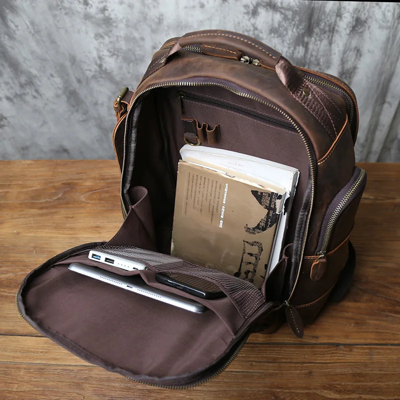 NZPJ Retro Genuine Leather Men's Backpack Top Layer Cowhide Backpack  Fashion Men's Bag Crazy Horse Skin Travel Computer Bag