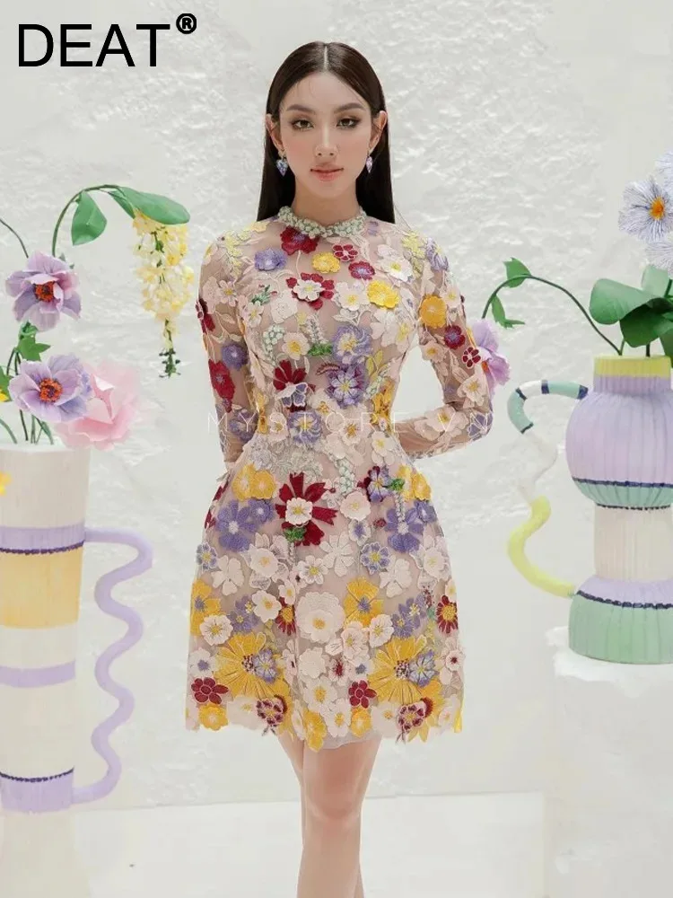 

DEAT Women's Fashion Dress O-neck Embroidery Flower Colorful Waist Patchwork Gauze Elegant Dresses Spring 2024 New 13DB2752