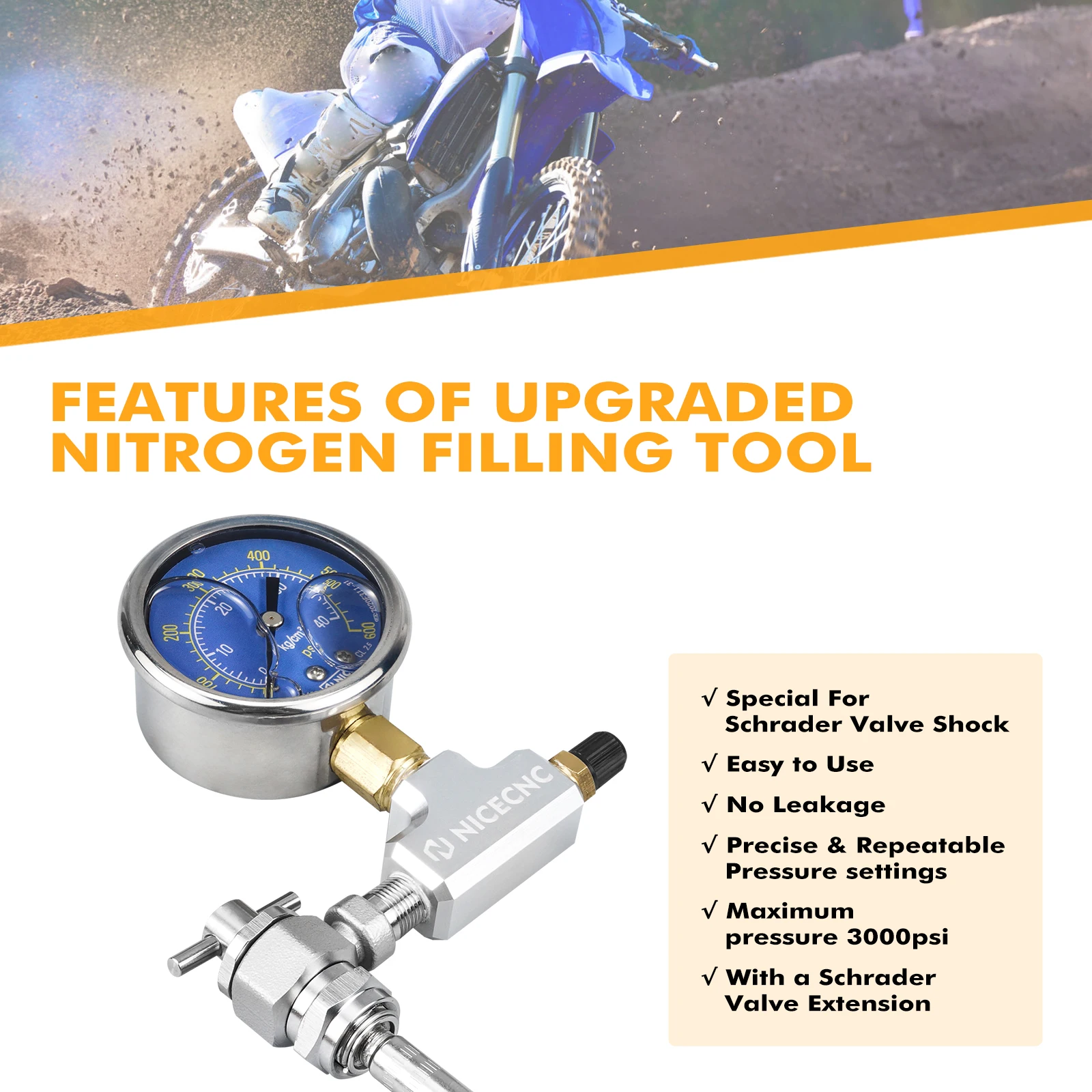 600PSI Stickstoffanzeige Füllwerkzeug Schrader Ventil Schock Kein Verlust Für ATV UTV Yamaha Raptor YZF RZR KTM Honda Kawasaki Suzuki BMW – Detail 3