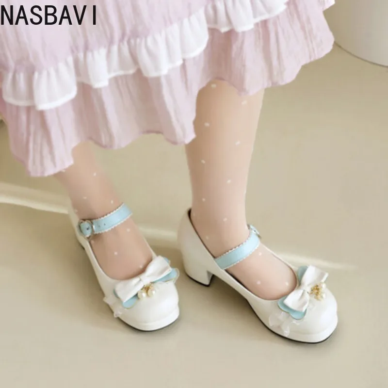 NASBAVI 스위트 하이힐 여성용 펌프 로리타 신발 스프링 스트랩 화이트 레드 힐 웨딩 댄스 파티 신발 소녀 빅 사이즈 45