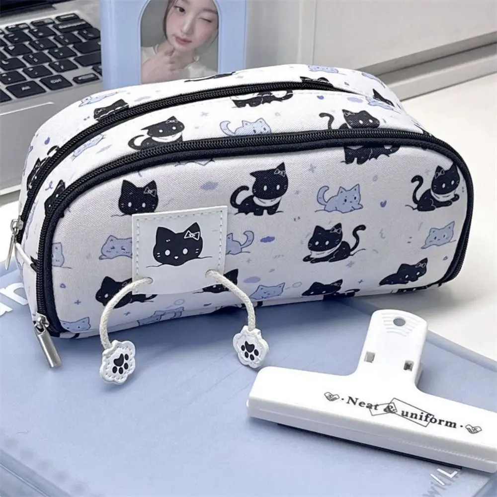 하이 퀄리티 대용량 펜 가방, 귀여운 눈 고양이 더블 지퍼 문구 가방, 다기능 펜 상자, 학교 사무실