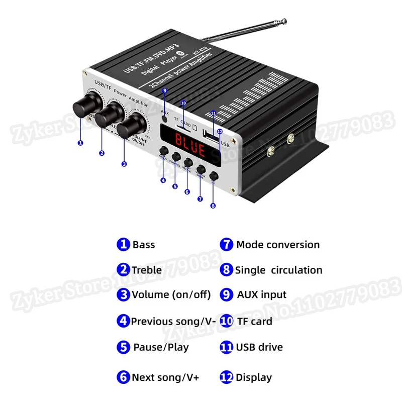 12V Mini Digital Bluetooth 5.0 Power Amplifier Blue Light Stereo Audio Amplifier for Home Theater Car Club Party USB Card FM AMP