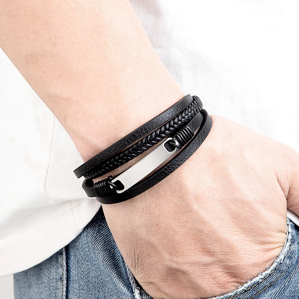 XQNI Multi-layer Braided leather bracelet Men Cool Trend Stainless Steel Casual Buckle Bracelet Jewelry Accessories Gift