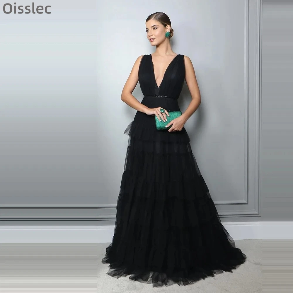 

Sexy Black Prom Dresses V Neck A-line Formal Gowns Floor Length Sleeveless Ruffles Tulle Formal Evening Dress فساتين الحفلات