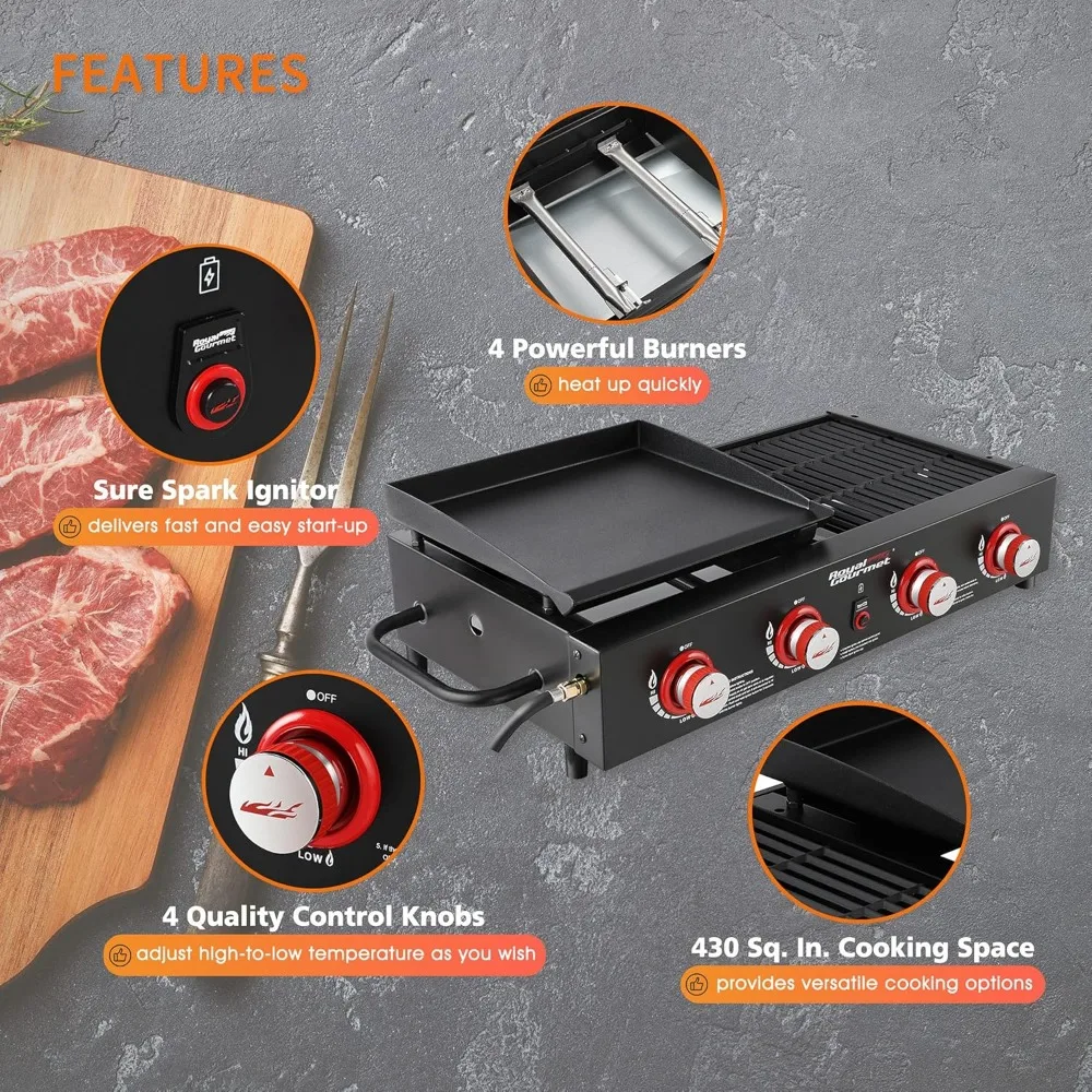 4-Burner Tailgater Grill Griddle Combo, Portable Propane Gas Grill and Griddle Combo for Backyard or Outdoor BBQ Cooking 4
