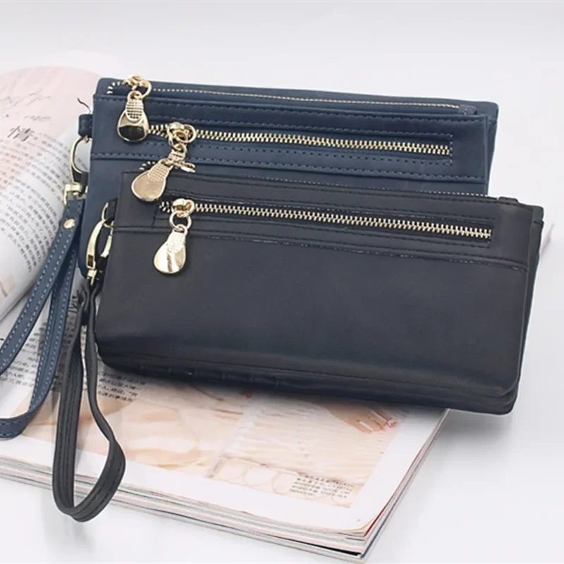 Large Capacity Women's Dull Polish Leather Wallet Double Zipper Clutch Wristlet Purse Phone Coin Card Holder Multi-pocket Wallet 5