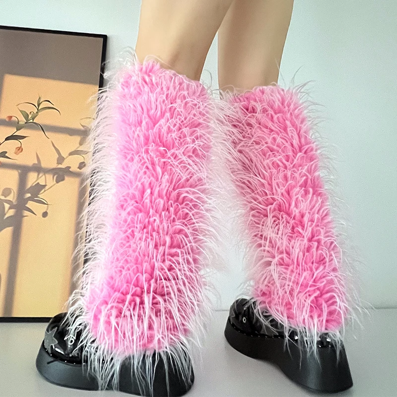 Ins 2000s Sweet Cute Pink Lolita Girls Gradient Faux Fur Leg Warmers Women Costume Leggings Hot Y2k Goth Punk Legcovers