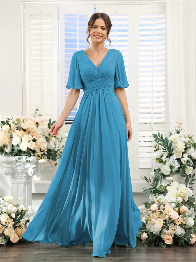 A-Line V-Neck Half Sleeves Split Side Floor Length Chiffon Bridesmaid Dresses With Pockets Elegant Dresses for Weddings Guest